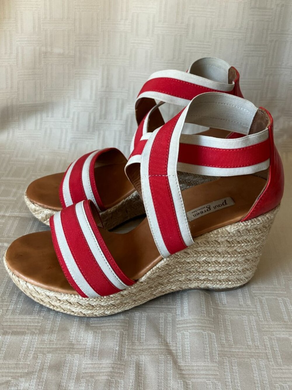 Paul Green Monique Espadrilles Red/White Elastic + Leather Wedge Sandals US 8